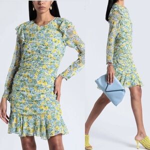 Veronica Beard Ruched Floral Silk Chiffon Mini Long Sleeve Dress 6 Yellow Blue
